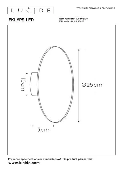 Lucide EKLYPS LED - Lámpara de pared - Ø 25 cm - LED - 1x9W 3000K - Negro - técnico